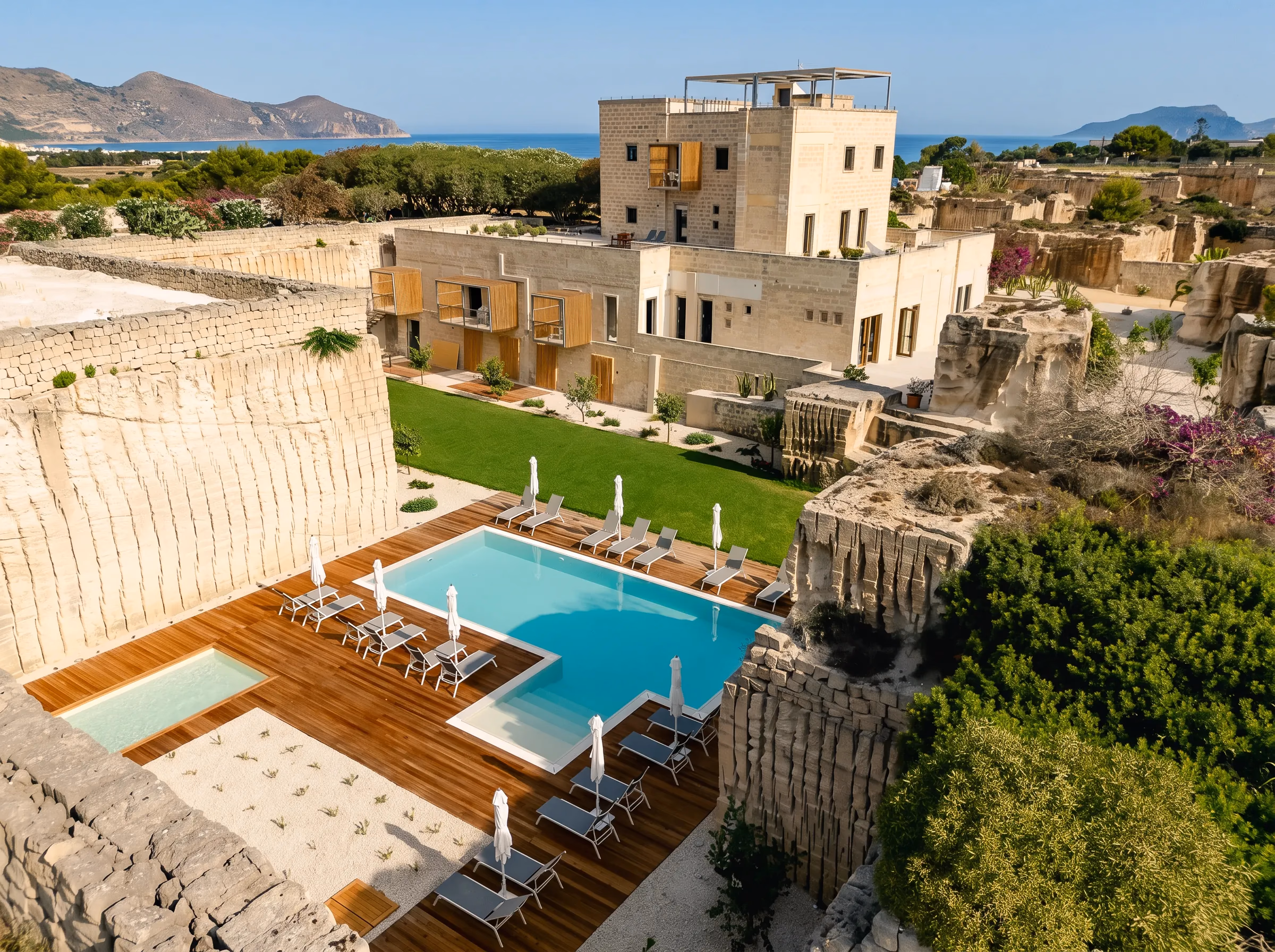 La cava di Pirrera vista dall'alto: la piscina sul deck, il prato, l'edificio in calcarenite e il mare delle Egadi all'orizzonte