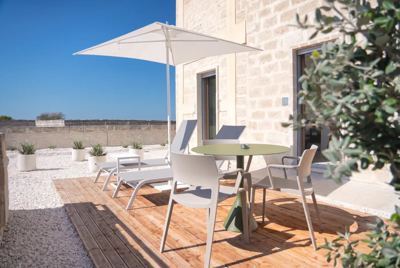 The outdoor table at Cala Grande under the parasol, with an olive tree in the foreground