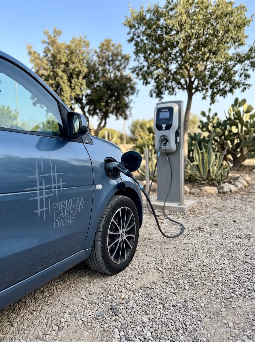 L'auto elettrica Pirrera in carica alla colonnina, fra gli alberi e i fichi d'India
