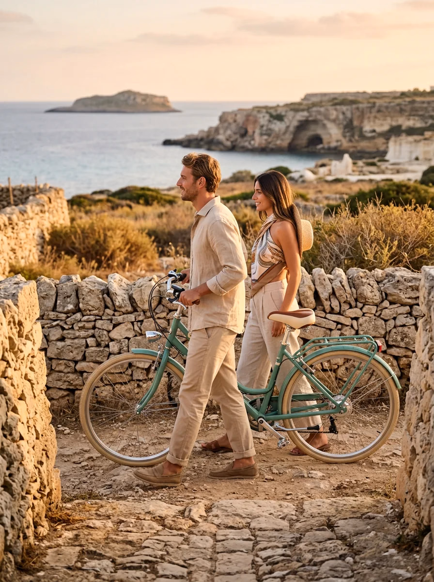 Due ospiti spingono le bici lungo un muretto a secco, con la cala e il faraglione alle spalle
