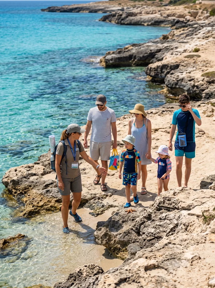 Una guida accompagna una famiglia lungo la scogliera, con il mare turchese accanto