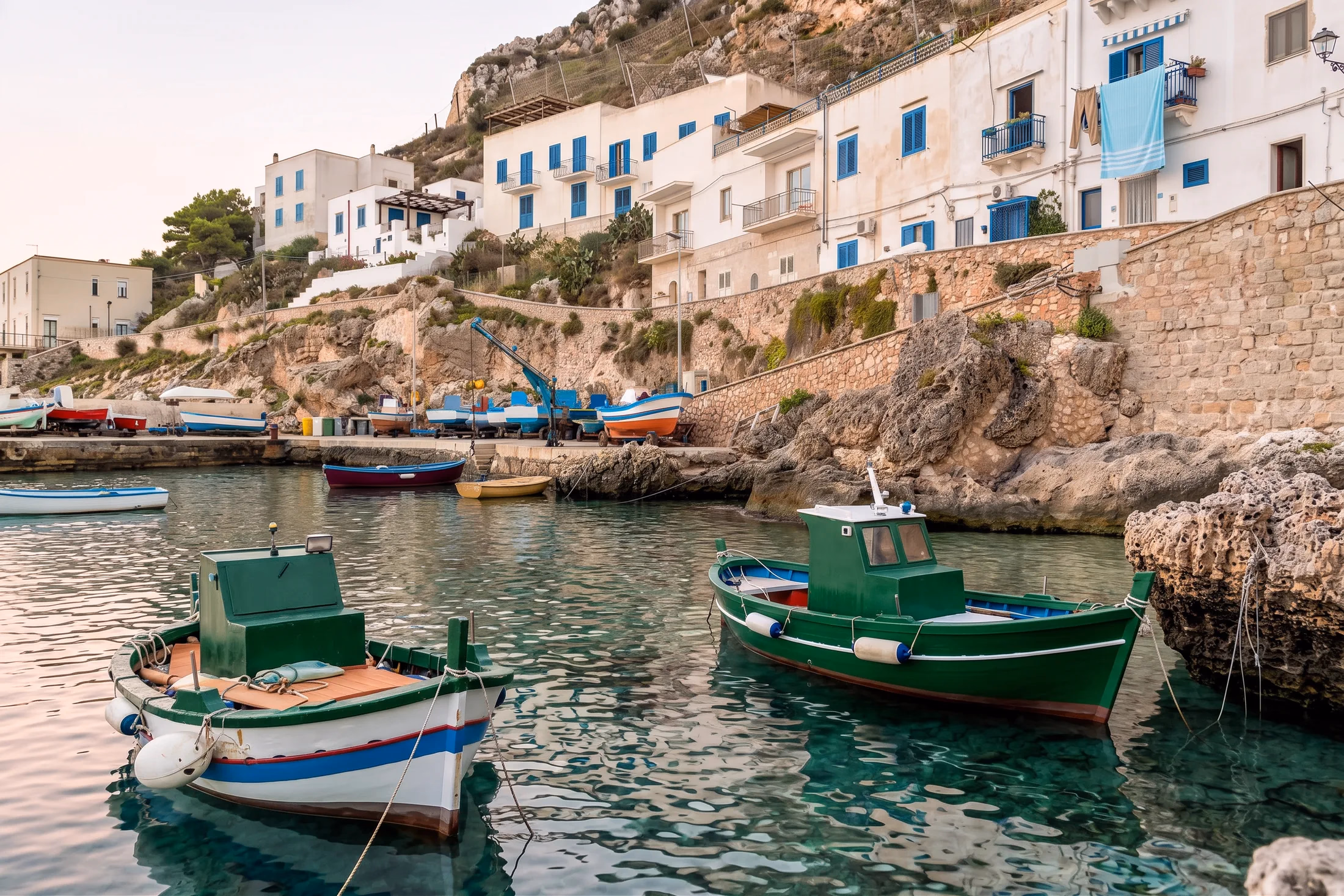 L'isola di Levanzo vista dal mare, con il porto e le case bianche
