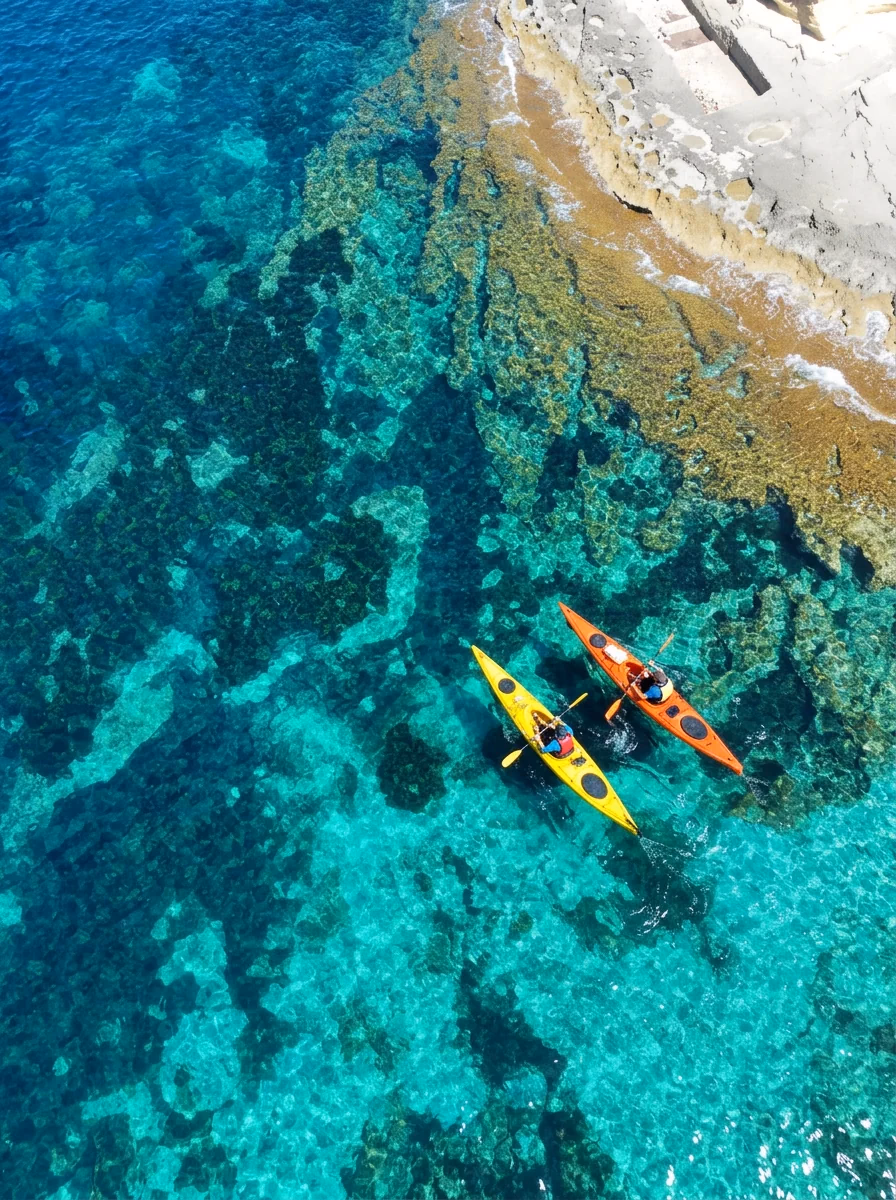 Due kayak, uno giallo e uno arancione, sui fondali trasparenti lungo la costa di Favignana