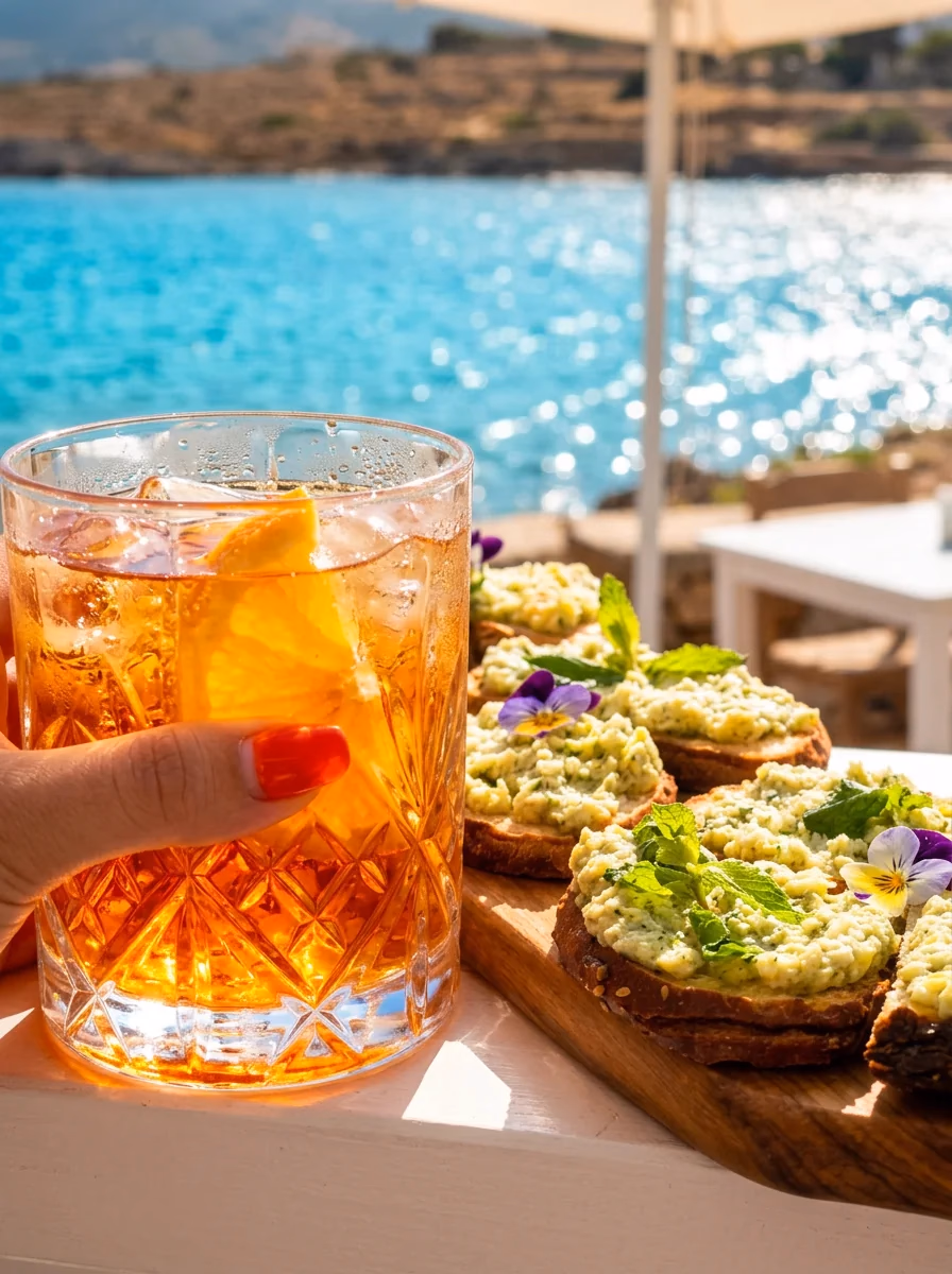 Aperitivo e crostini sul tavolo dello Scalo Cavallo, con il mare turchese alle spalle